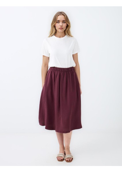 Bordo Rahat Kesim Yüksek Bel Dokuma Midi Etek