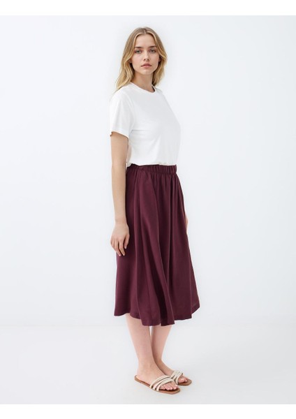 Bordo Rahat Kesim Yüksek Bel Dokuma Midi Etek fiyatları