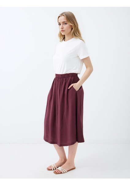 Bordo Rahat Kesim Yüksek Bel Dokuma Midi Etek modelleri