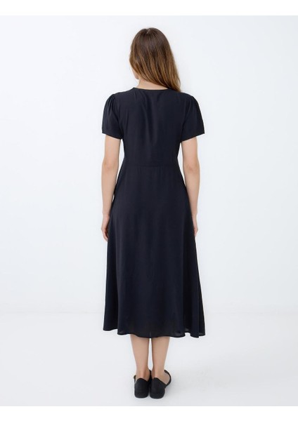Siyah V Yaka Kısa Kollu Midi Dokuma Elbise indirimleri