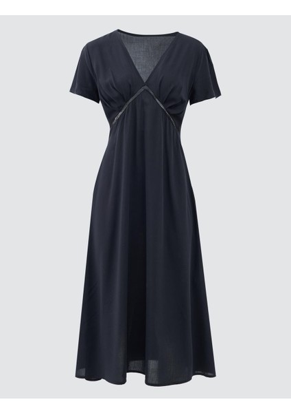 Siyah V Yaka Kısa Kollu Midi Dokuma Elbise