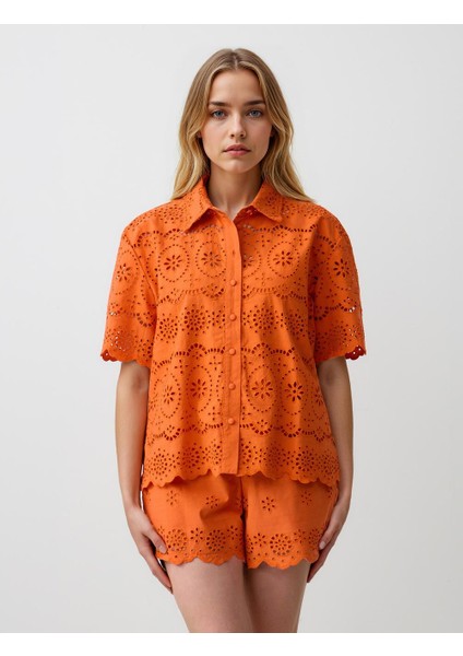 Turuncu %100 Pamuk Bol Paça Yüksek Bel Desenli Şort