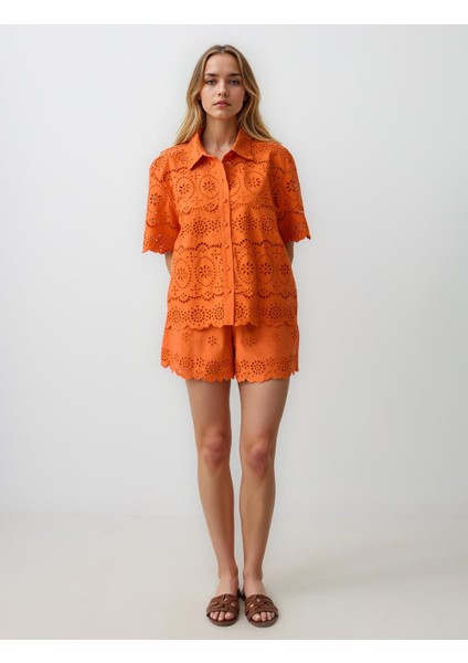 Turuncu %100 Pamuk Bol Paça Yüksek Bel Desenli Şort fiyatları