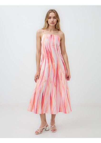 Pembe Kare Yaka Desenli Keten Karışımlı Midi Elbise