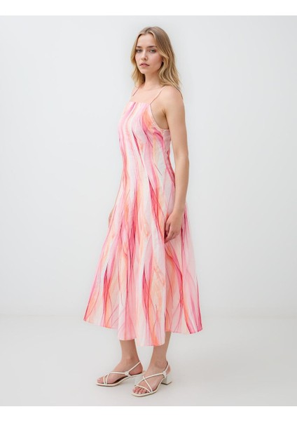 Pembe Kare Yaka Desenli Keten Karışımlı Midi Elbise fiyatları