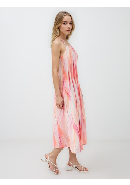 Pembe Kare Yaka Desenli Keten Karışımlı Midi Elbise modelleri