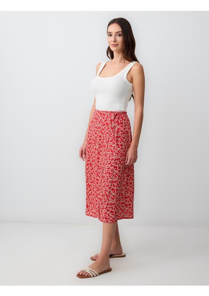 Kırmızı Normal Bel Çiçek Desenli Dokuma Midi Etek