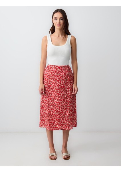 Kırmızı Normal Bel Çiçek Desenli Dokuma Midi Etek fiyatları