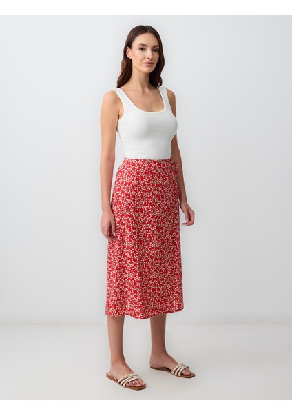 Kırmızı Normal Bel Çiçek Desenli Dokuma Midi Etek modelleri