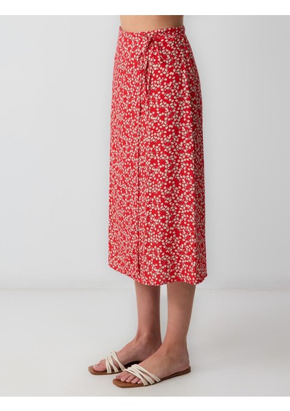 Kırmızı Normal Bel Çiçek Desenli Dokuma Midi Etek fırsatları