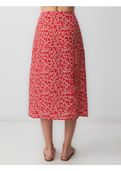 Kırmızı Normal Bel Çiçek Desenli Dokuma Midi Etek indirimleri