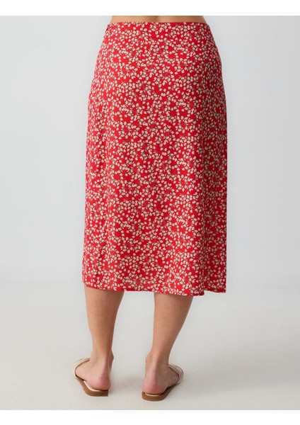 Kırmızı Normal Bel Çiçek Desenli Dokuma Midi Etek