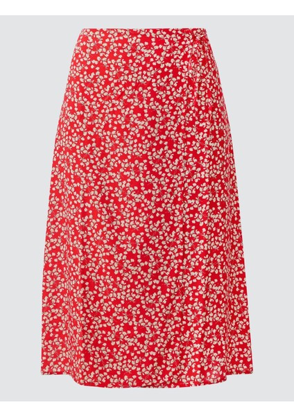 Kırmızı Normal Bel Çiçek Desenli Dokuma Midi Etek