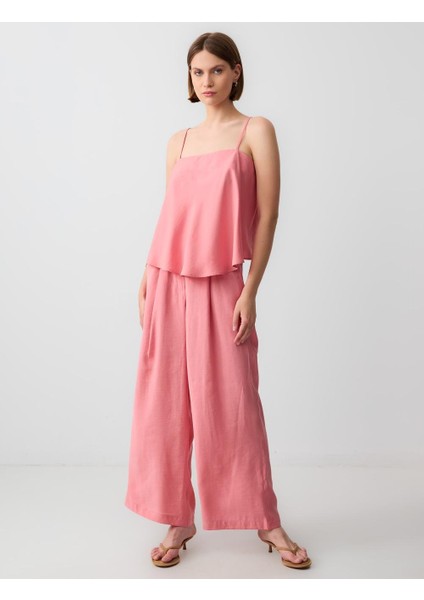 Pembe Askılı Düz Yaka Kısa Dokuma Bluz fiyatları