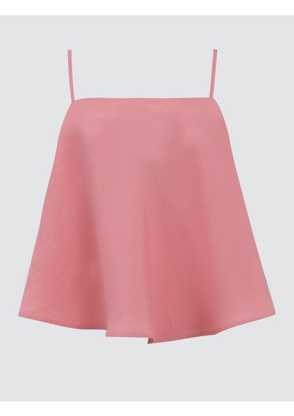 Pembe Askılı Düz Yaka Kısa Dokuma Bluz