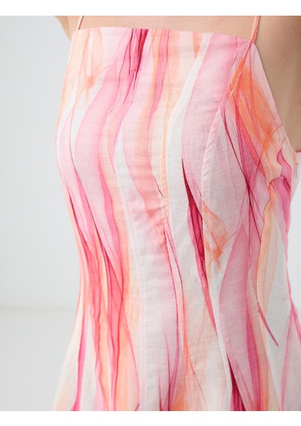 Pembe Kare Yaka Desenli Keten Karışımlı Midi Elbise fırsatları