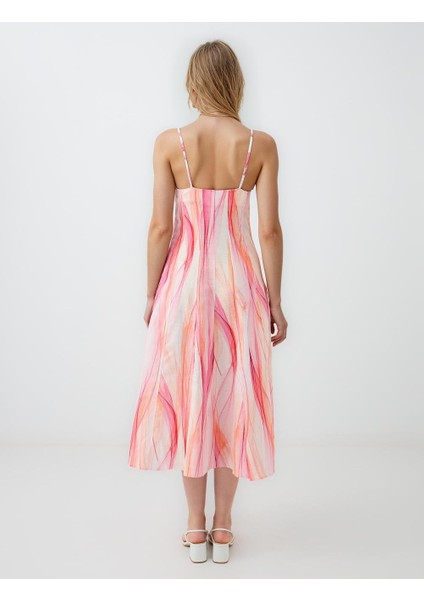 Pembe Kare Yaka Desenli Keten Karışımlı Midi Elbise indirimleri