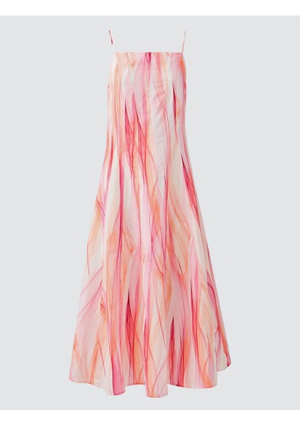 Pembe Kare Yaka Desenli Keten Karışımlı Midi Elbise