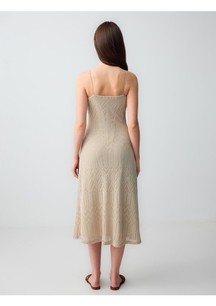 Taş Dar Kesim Askılı V Yaka Ajurlu Örme Midi Elbise indirimleri