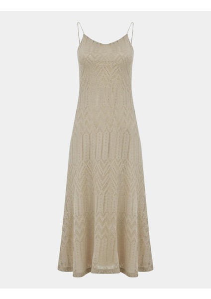 Taş Dar Kesim Askılı V Yaka Ajurlu Örme Midi Elbise