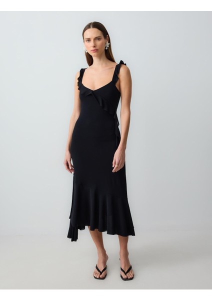 Siyah Dar Kesim Askılı V Yaka Örme Elbise