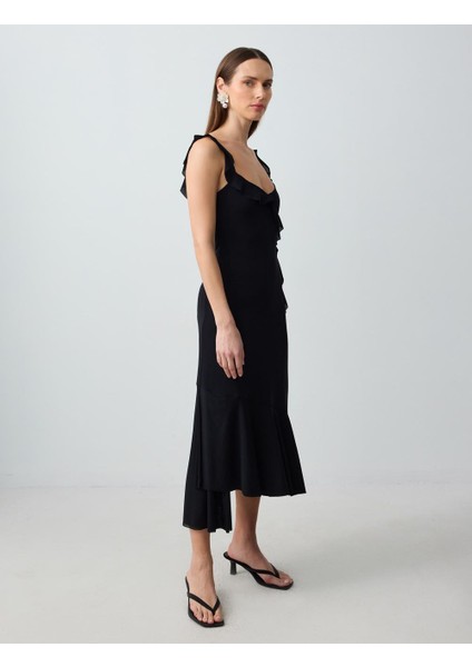 Siyah Dar Kesim Askılı V Yaka Örme Elbise fiyatları