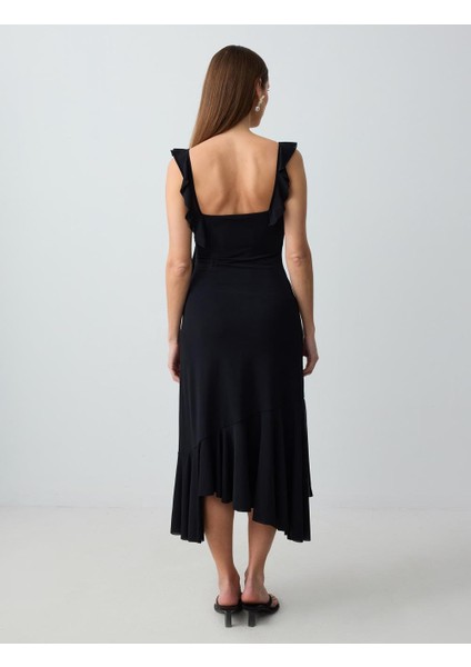 Siyah Dar Kesim Askılı V Yaka Örme Elbise indirimleri