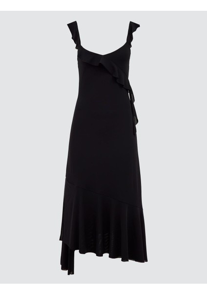 Siyah Dar Kesim Askılı V Yaka Örme Elbise