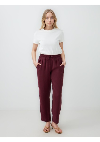 Bordo Yüksek Bel Normal Paça Modal Dokuma Pantolon