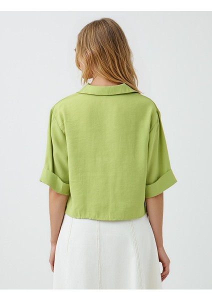 Yeşil Düz Kesim Dirsek Kol Kısa Dokuma Gömlek indirimleri