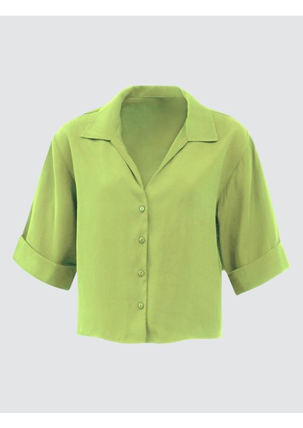 Yeşil Düz Kesim Dirsek Kol Kısa Dokuma Gömlek