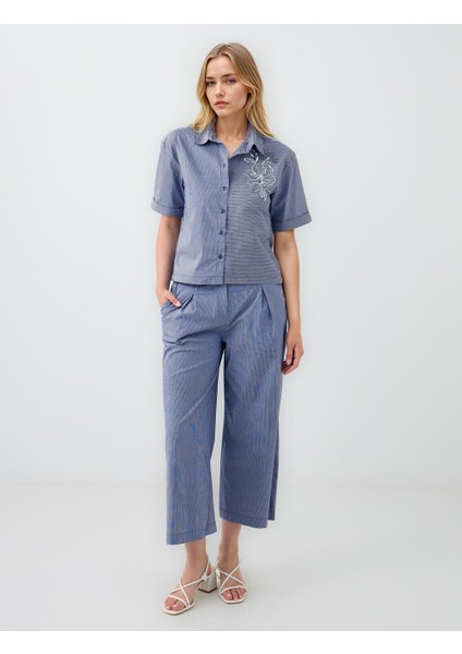 Lacivert Çizgili Normal Bel Normal Paça Dokuma Pantolon