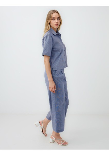 Lacivert Çizgili Normal Bel Normal Paça Dokuma Pantolon fiyatları