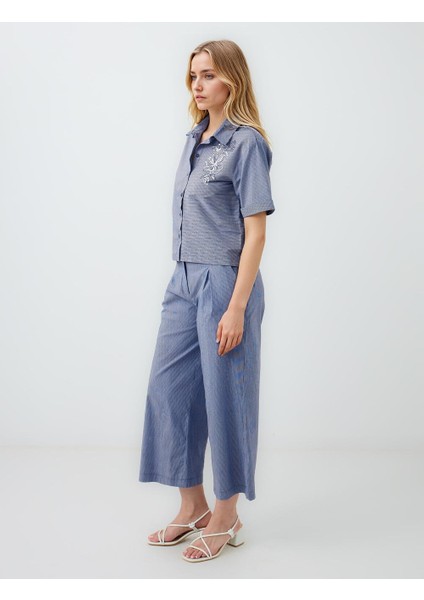 Lacivert Çizgili Normal Bel Normal Paça Dokuma Pantolon modelleri