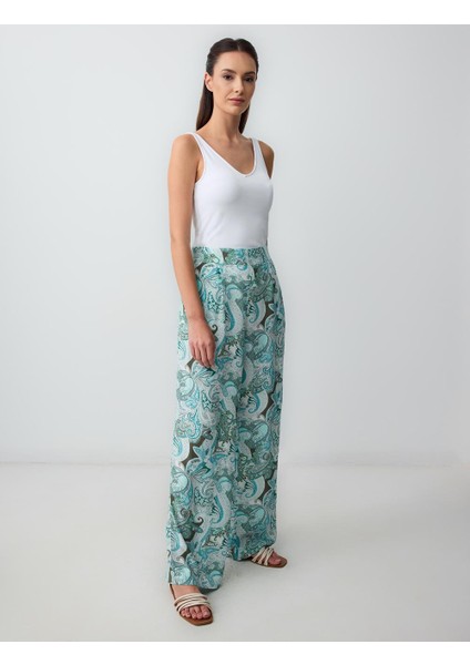 Turkuaz Normal Bel Bol Paça Desenli Dokuma Pantolon