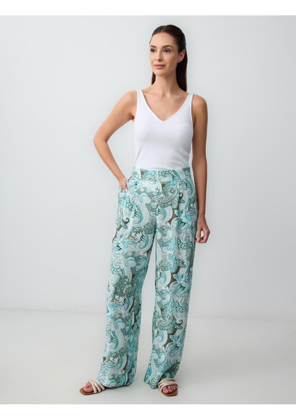 Turkuaz Normal Bel Bol Paça Desenli Dokuma Pantolon fiyatları