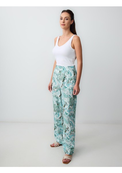Turkuaz Normal Bel Bol Paça Desenli Dokuma Pantolon modelleri