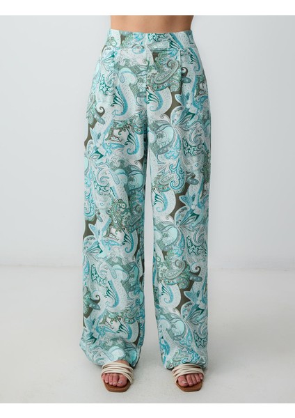 Turkuaz Normal Bel Bol Paça Desenli Dokuma Pantolon fırsatları