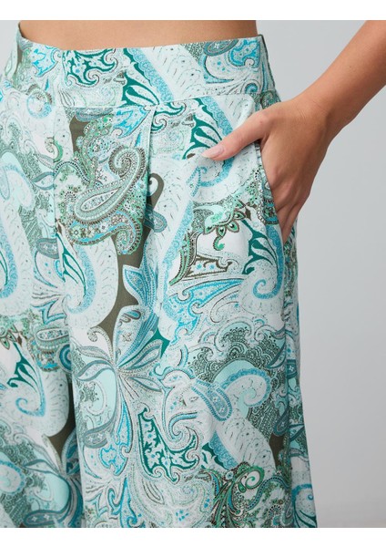 Turkuaz Normal Bel Bol Paça Desenli Dokuma Pantolon indirimleri