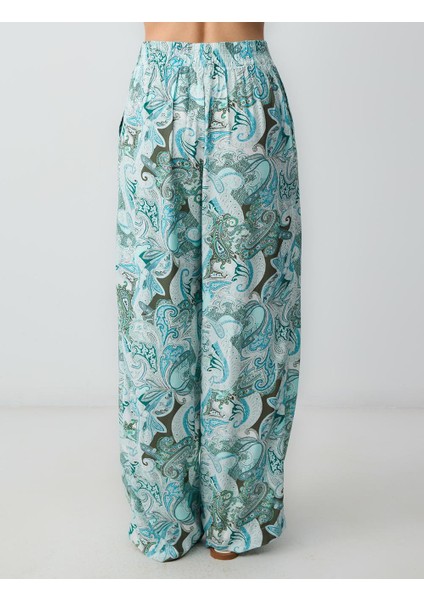 Turkuaz Normal Bel Bol Paça Desenli Dokuma Pantolon