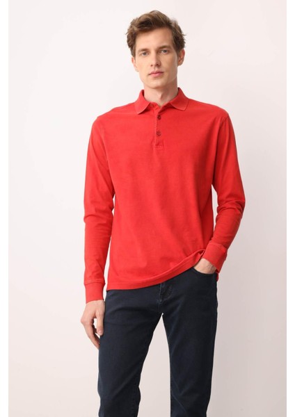 Erkek Polo Yaka Uzun Kollu Sweatshirt Kırmızı fırsatları