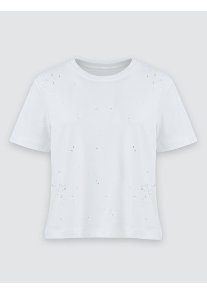 Beyaz %100 Pamuk Bisiklet Yaka Taş Baskılı Tişört