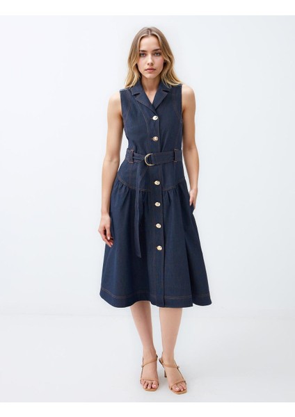 Lacivert Kruvaze Yaka Kemer Detaylı Kolsuz Midi Elbise
