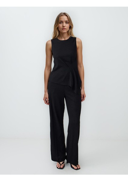 Siyah Rahat Kesim Uzun Bol Paça Normal Bel Örme Pantolon