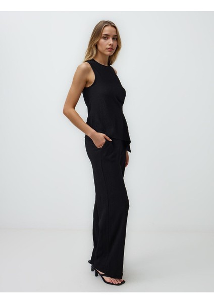 Siyah Rahat Kesim Uzun Bol Paça Normal Bel Örme Pantolon fiyatları