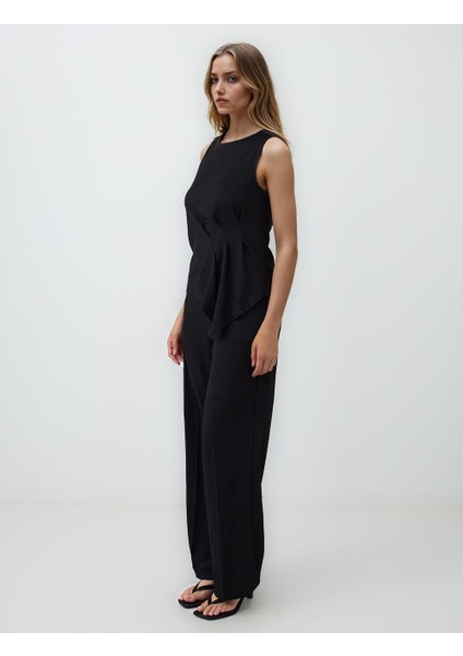 Siyah Rahat Kesim Uzun Bol Paça Normal Bel Örme Pantolon modelleri