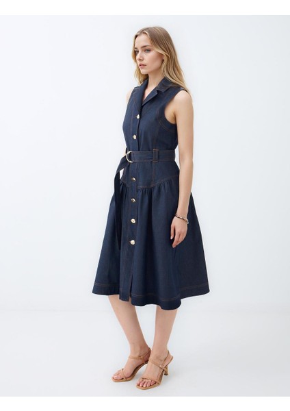 Lacivert Kruvaze Yaka Kemer Detaylı Kolsuz Midi Elbise fiyatları