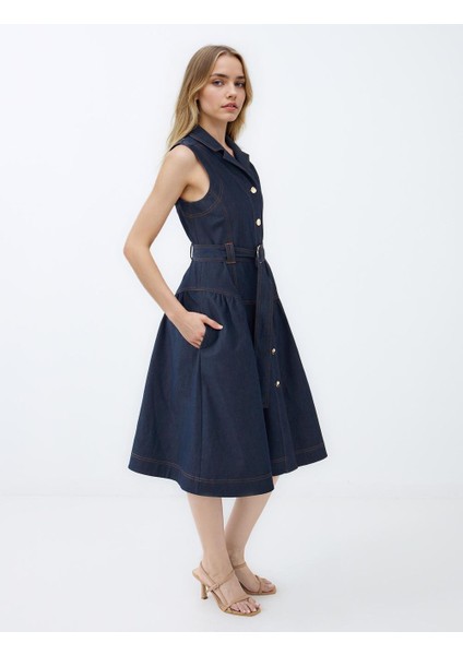 Lacivert Kruvaze Yaka Kemer Detaylı Kolsuz Midi Elbise modelleri