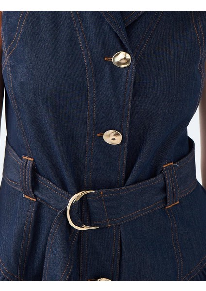 Lacivert Kruvaze Yaka Kemer Detaylı Kolsuz Midi Elbise fırsatları