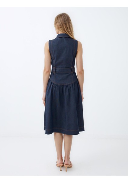 Lacivert Kruvaze Yaka Kemer Detaylı Kolsuz Midi Elbise indirimleri